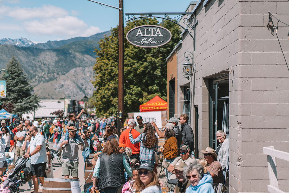 Busy sidewalk in front of Alta Cellars