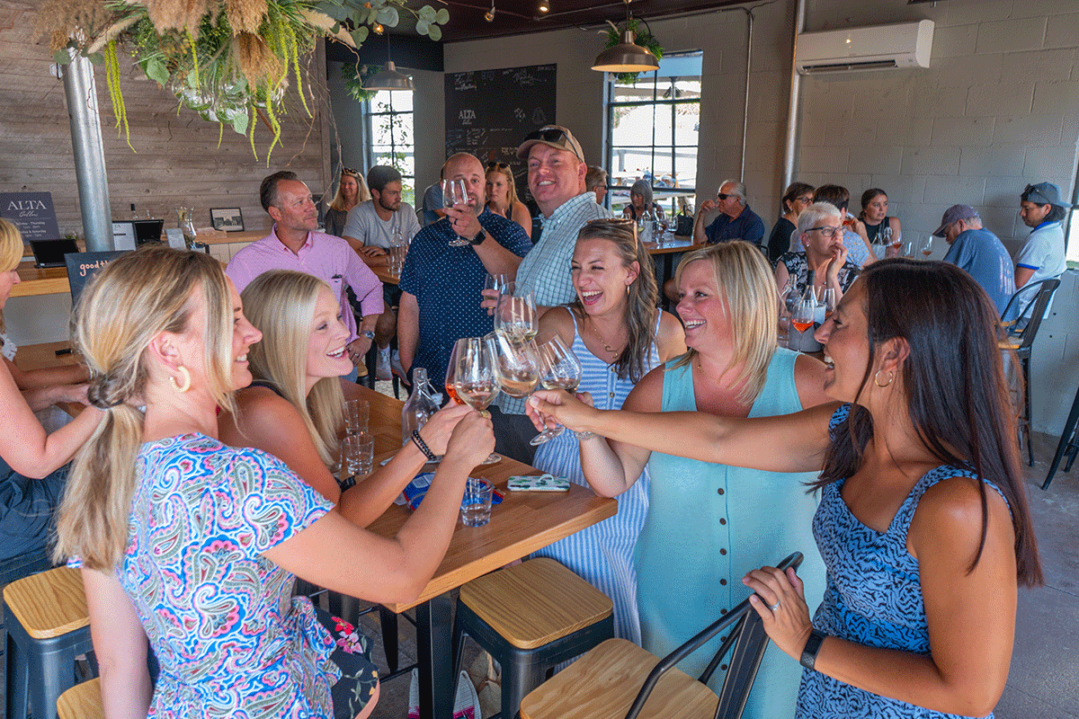 group of people cheers with wine